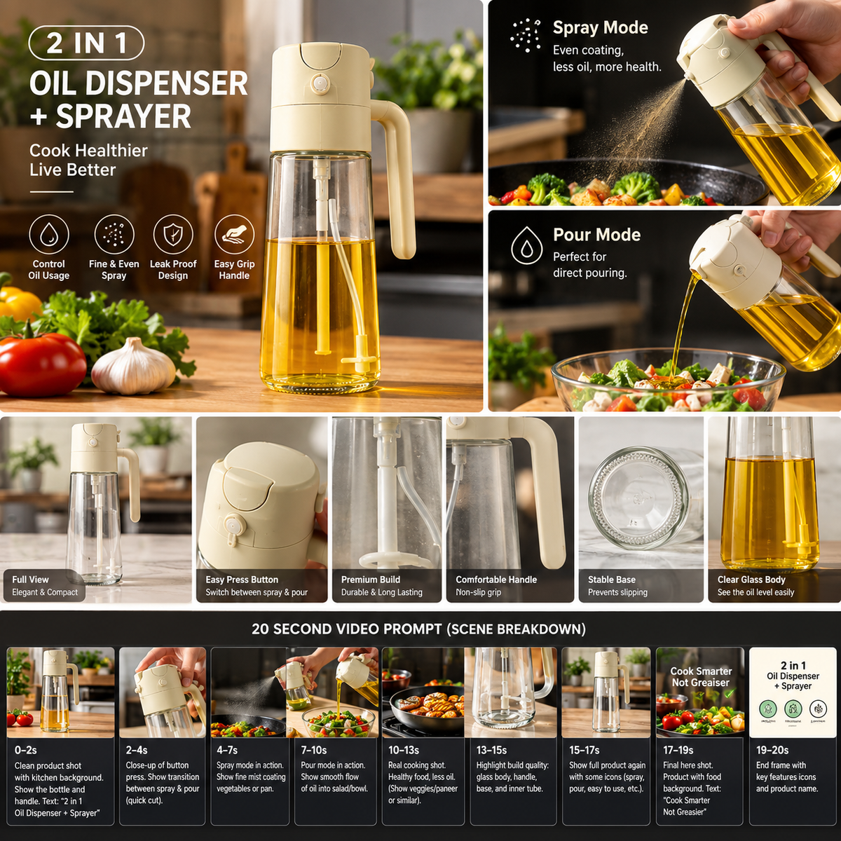 2-in-1 Glass Oil Dispenser & Sprayer – Pour & Spray Bottle for Cooking