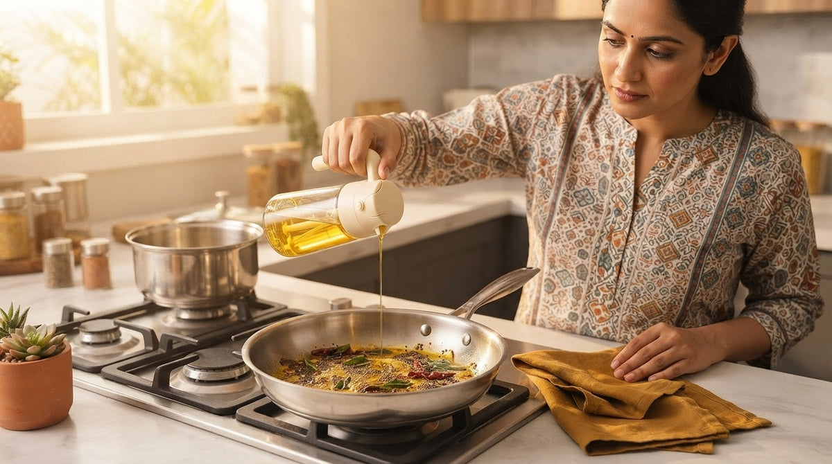South Asian woman using a 2-in-1 glass oil dispenser to cook in a modern kitchen.