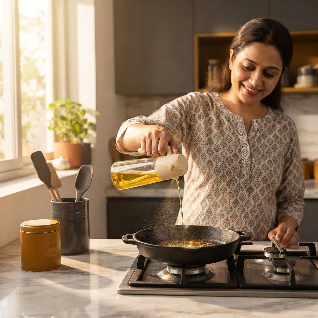 A person using a glass oil dispenser to pour oil into a frying pan in a sunlit kitchen.