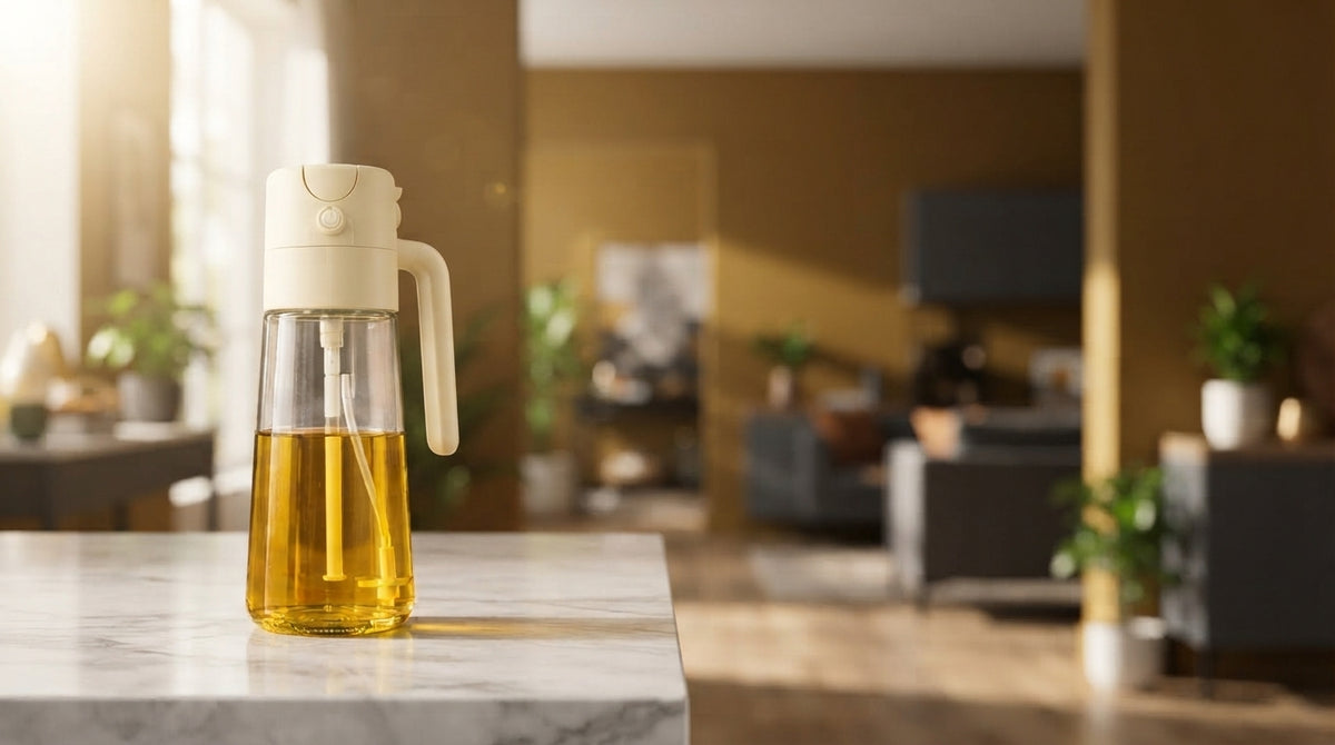A 2-in-1 glass oil dispenser and sprayer with a cream lid on a kitchen counter in a bright, modern, minimalist home interior.